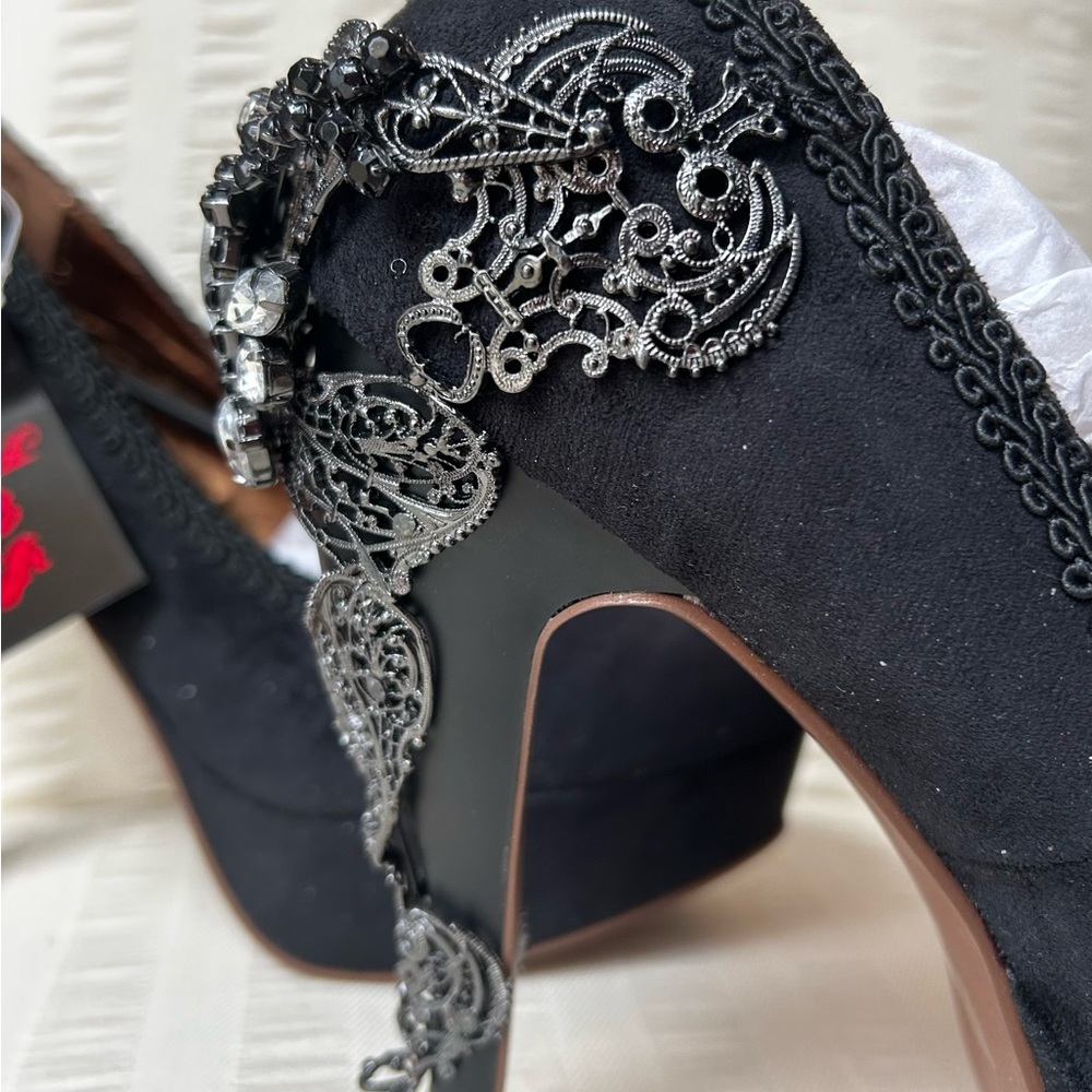 Hades Black Heels with lace trim, metallic & rhinestone Embellishments. - Picture 4 of 11